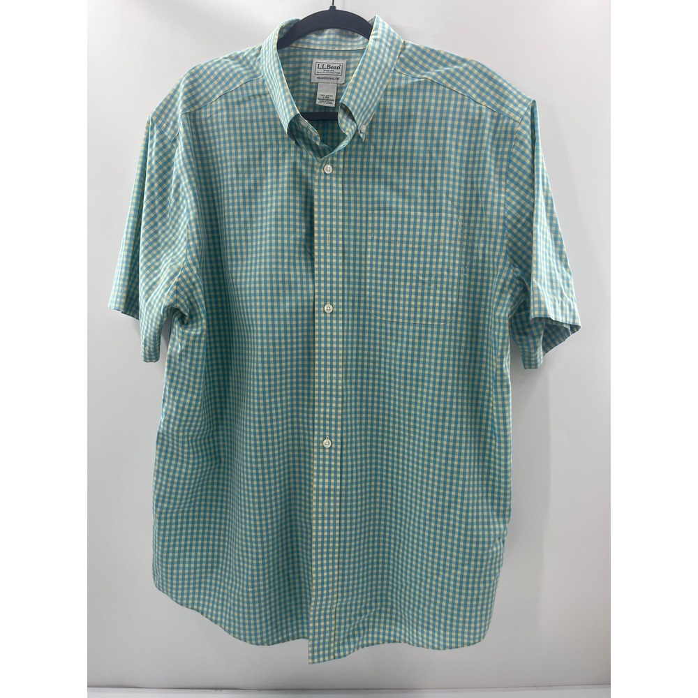 LL Bean Mens Traditional Fit Gingham Short Sleeve Cotton Shirt Blue Yellow L-REG